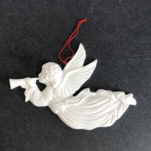 Vintage Angel Ornament in Bisque, White Retro Bisque Christmas Tree Horn